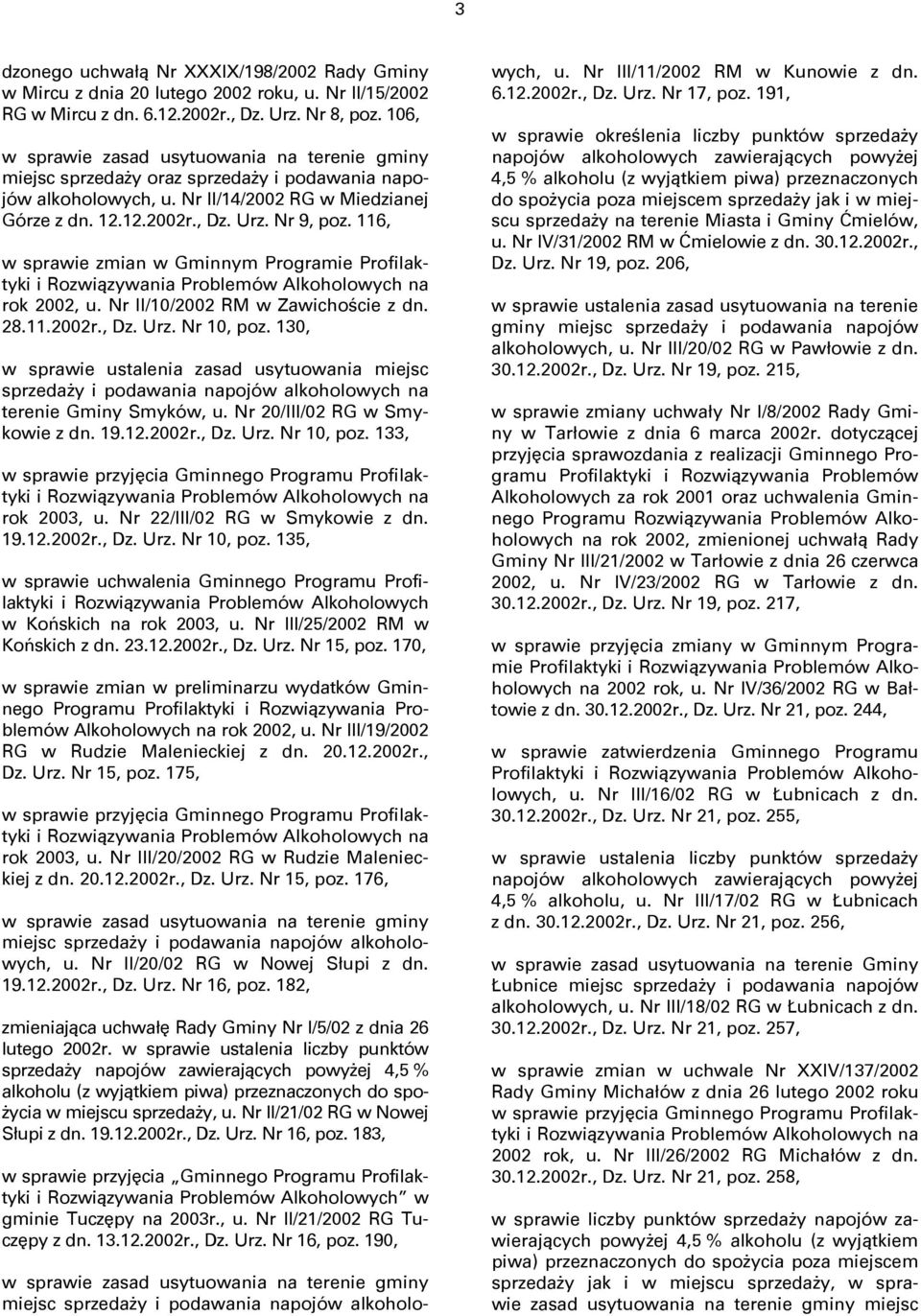 116, w sprawie zmian w Gminnym Programie Profilaktyki i Rozwiązywania Problemów Alkoholowych na rok 2002, u. Nr II/10/2002 RM w Zawichoście z dn. 28.11.2002r., Dz. Urz. Nr 10, poz.