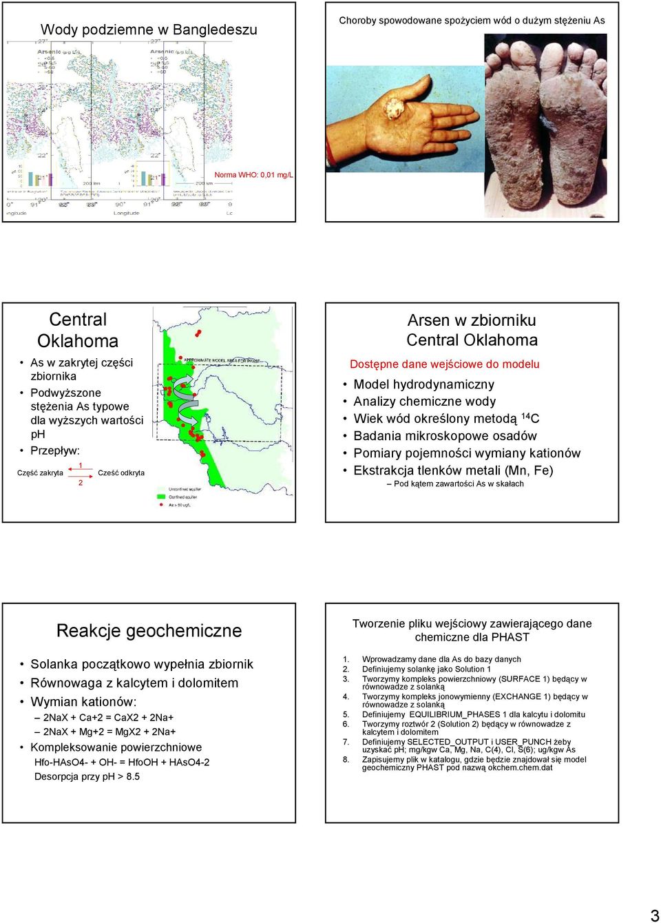 Badania mikroskopowe osadów Pomiary pojemności wymiany kationów Ekstrakcja tlenków metali (Mn, Fe) Pod kątem zawartości As w skałach Reakcje geochemiczne Solanka początkowo wypełnia zbiornik