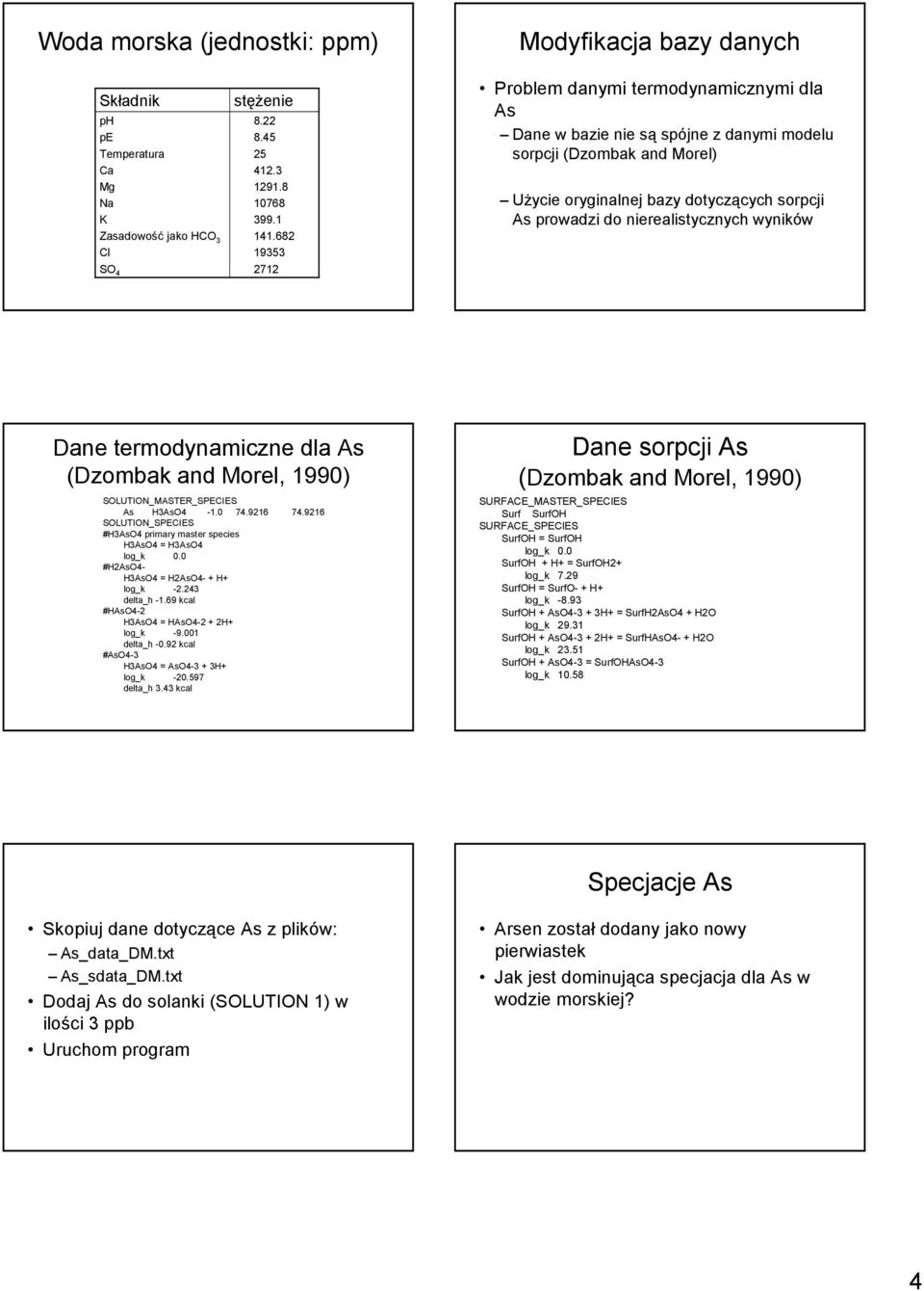 nierealistycznych wyników Dane termodynamiczne dla As (Dzombak and Morel, 1990) SOLUTION_MASTER_SPECIES As H3AsO4-1.0 74.9216 74.