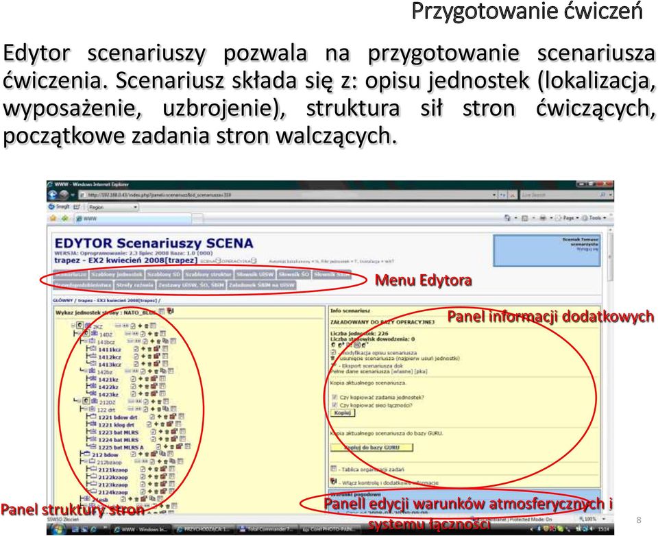 sił stron ćwiczących, początkowe zadania stron walczących.