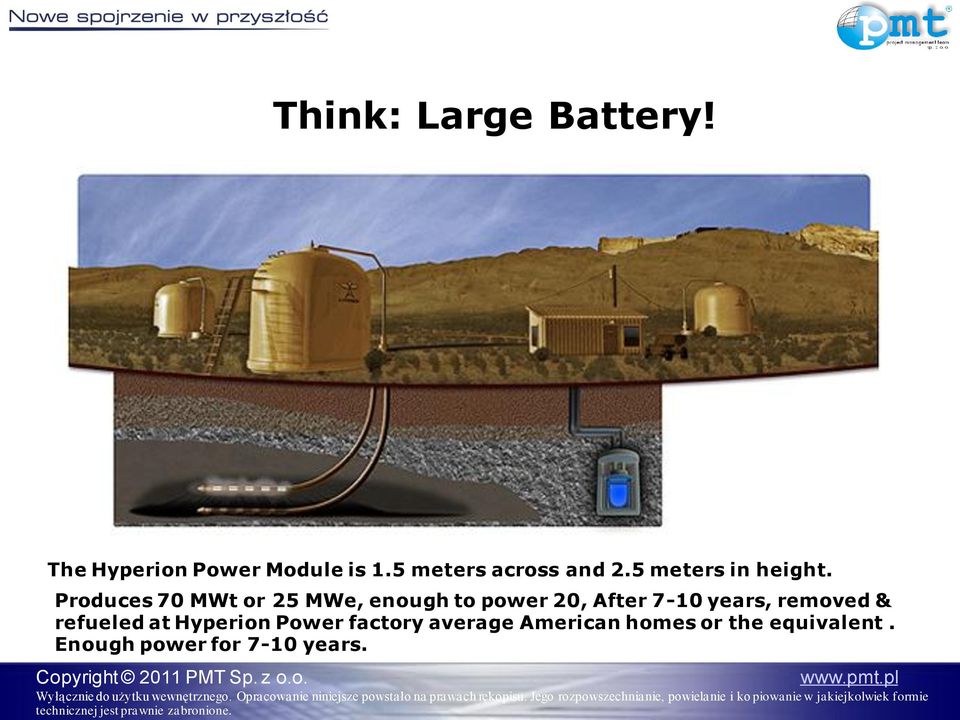 Produces 70 MWt or 25 MWe, enough to power 20, After 7-10 years,