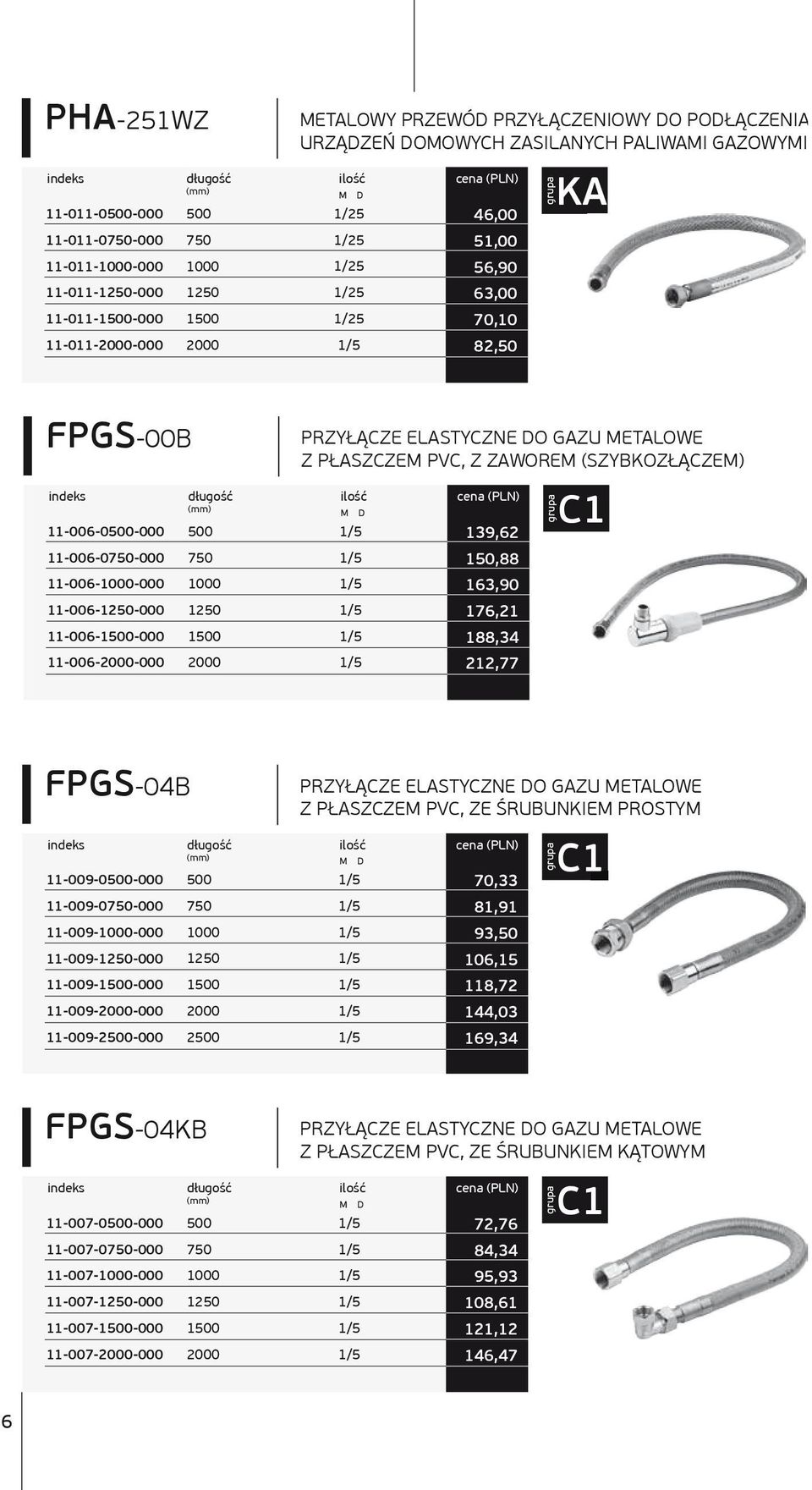 11-006-2000-000 długość (mm) 500 750 1000 1250 1500 2000 PRZYŁĄCZE ELASTYCZNE DO GAZU METALOWE Z PŁASZCZEM PVC, Z ZAWOREM (SZYBOZŁĄCZEM) 1/5 1/5 1/5 1/5 1/5 1/5 139,62 150,88 163,90 176,21 188,34