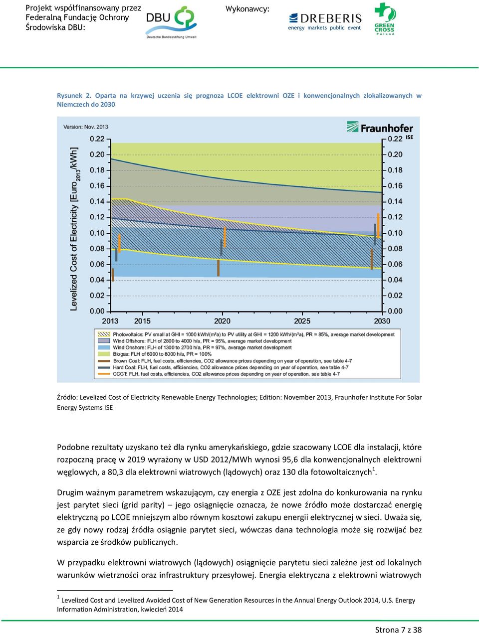 November 2013, Fraunhofer Institute For Solar Energy Systems ISE Podobne rezultaty uzyskano też dla rynku amerykańskiego, gdzie szacowany LCOE dla instalacji, które rozpoczną pracę w 2019 wyrażony w