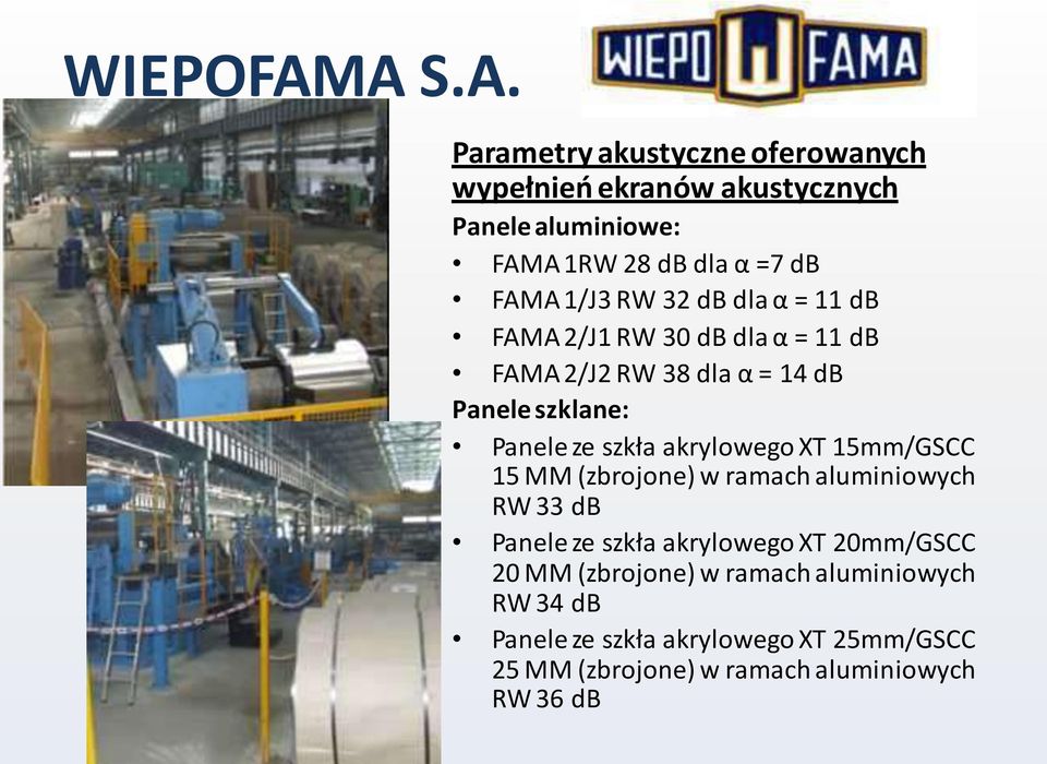 1/J3 RW 32 db dla α = 11 db FAMA 2/J1 RW 30 db dla α = 11 db FAMA 2/J2 RW 38 dla α = 14 db Panele szklane: Panele ze szkła