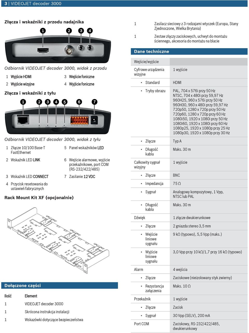 Odbiornik VIDEOJET decoder 3000, widok z tył 1 Złącze 10/100 Base-T FastEthernet 5 Panel wskaźników LED 2 Wskaźnik LED LINK 6 Wejście alarmowe, wyjście przekaźnikowe, port COM (RS-232/422/485) 3