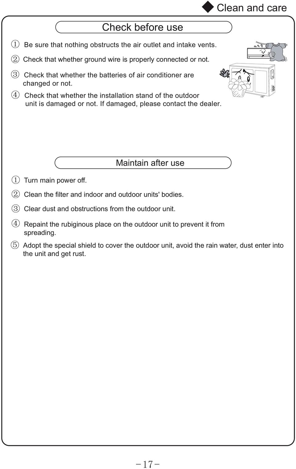 If damaged, please contact the dealer. Turn main power off. Maintain after use Clean the filter and indoor and outdoor units' bodies.