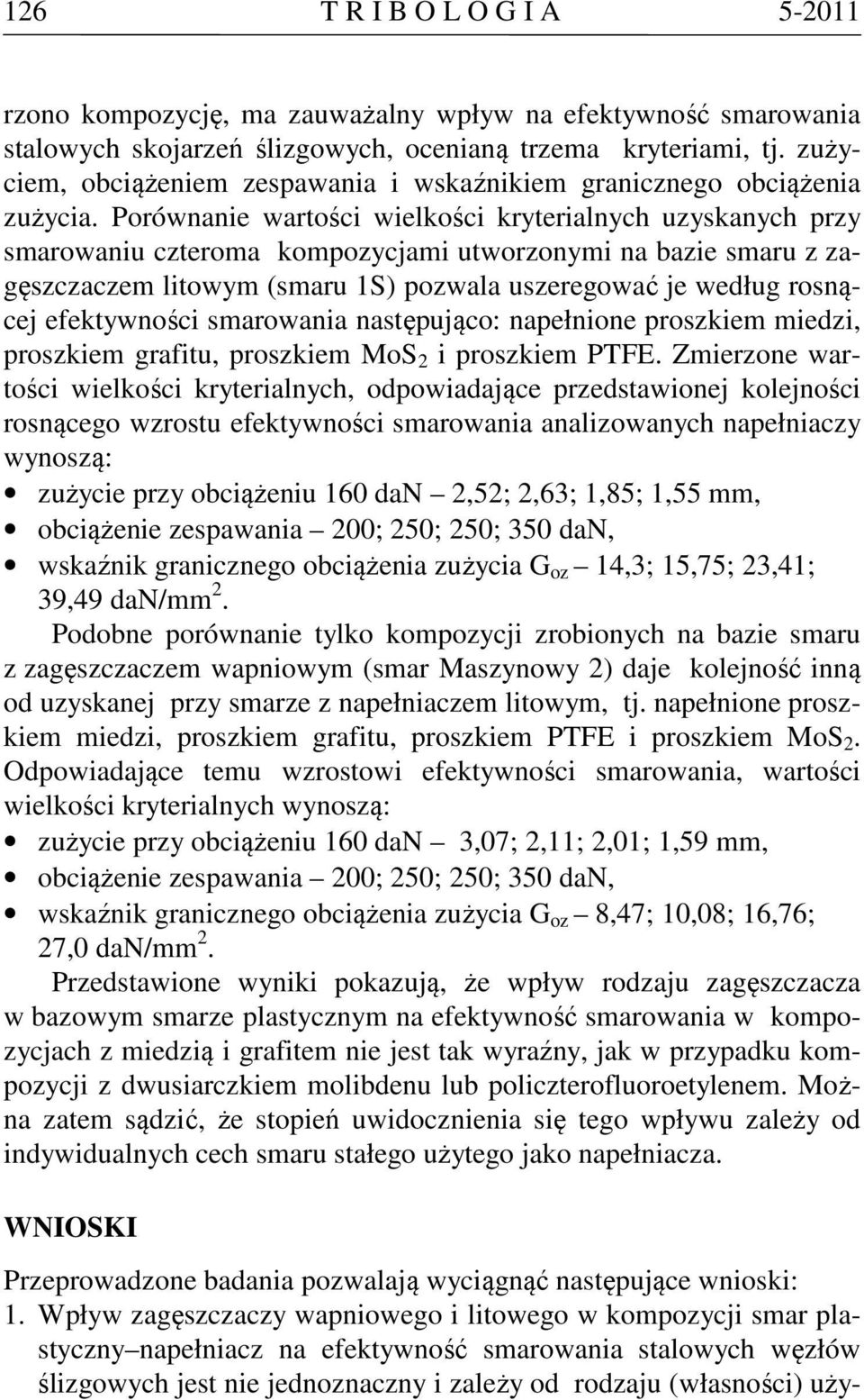 Porównanie wartości wielkości kryterialnych uzyskanych przy smarowaniu czteroma kompozycjami utworzonymi na bazie smaru z zagęszczaczem litowym (smaru 1S) pozwala uszeregować je według rosnącej