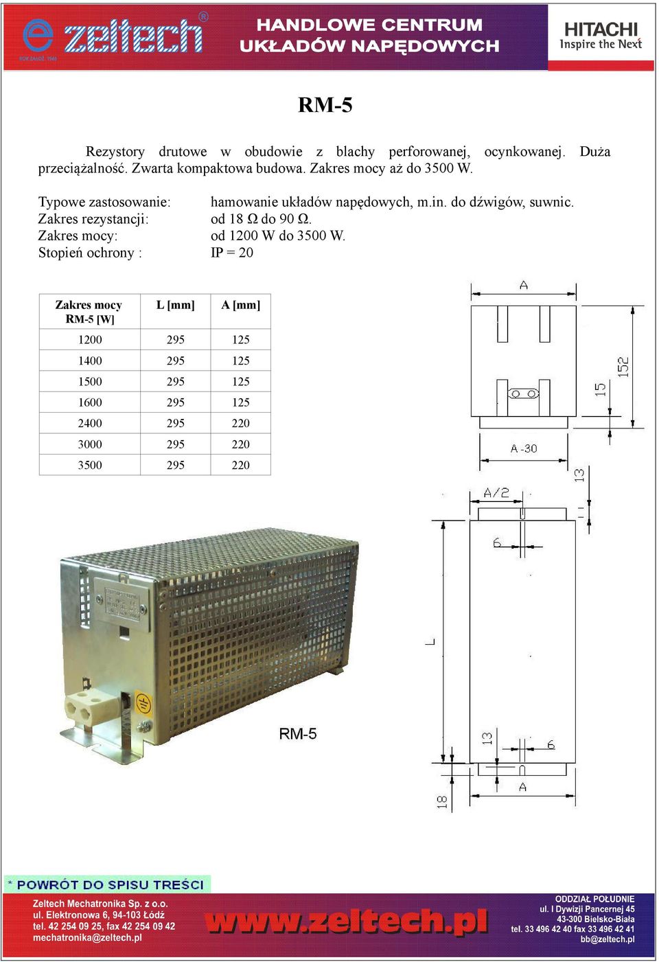 do dźwigów, suwnic. Zakres rezystancji: od 18 Ω do 90 Ω. Zakres mocy: od 1200 W do 3500 W.