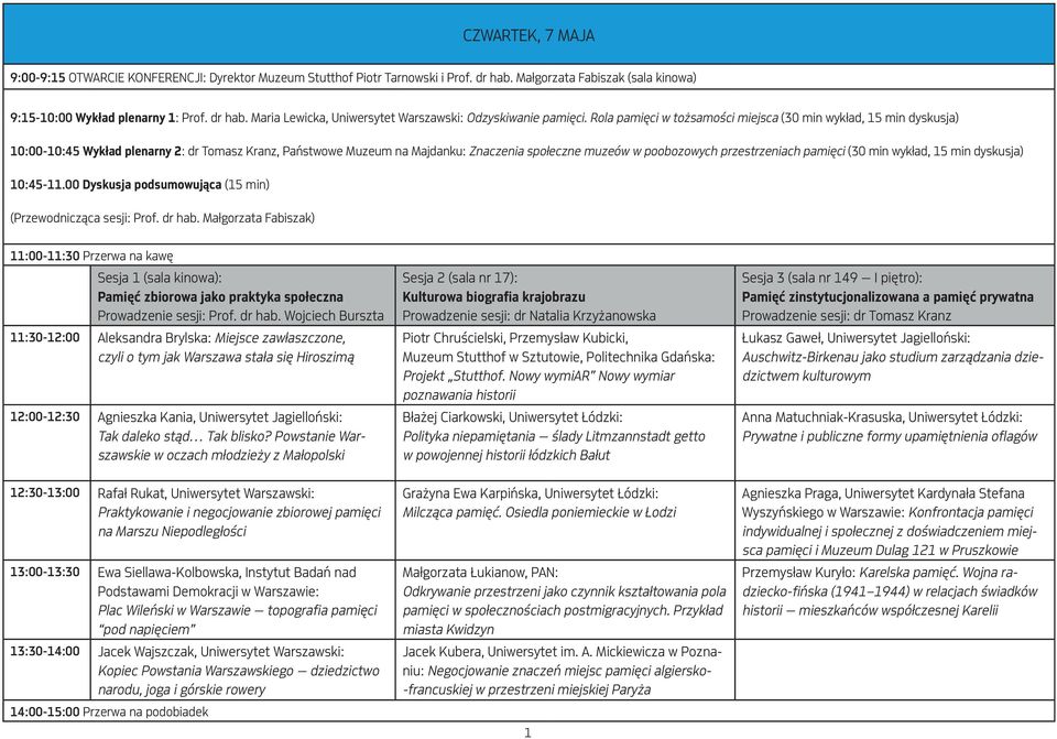 przestrzeniach pamięci (30 min wykład, 15 min dyskusja) 10:45-11.00 Dyskusja podsumowująca (15 min) (Przewodnicząca sesji: Prof. dr hab.