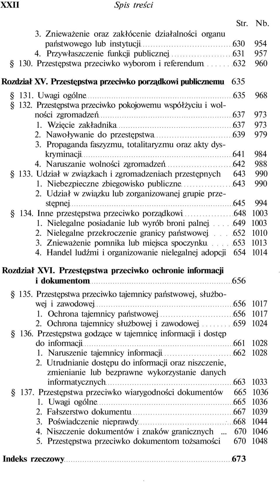 Przestępstwa przeciwko pokojowemu współżyciu i wolności zgromadzeń 637 973 1. Wzięcie zakładnika 637 973 2. Nawoływanie do przestępstwa 639 979 3.