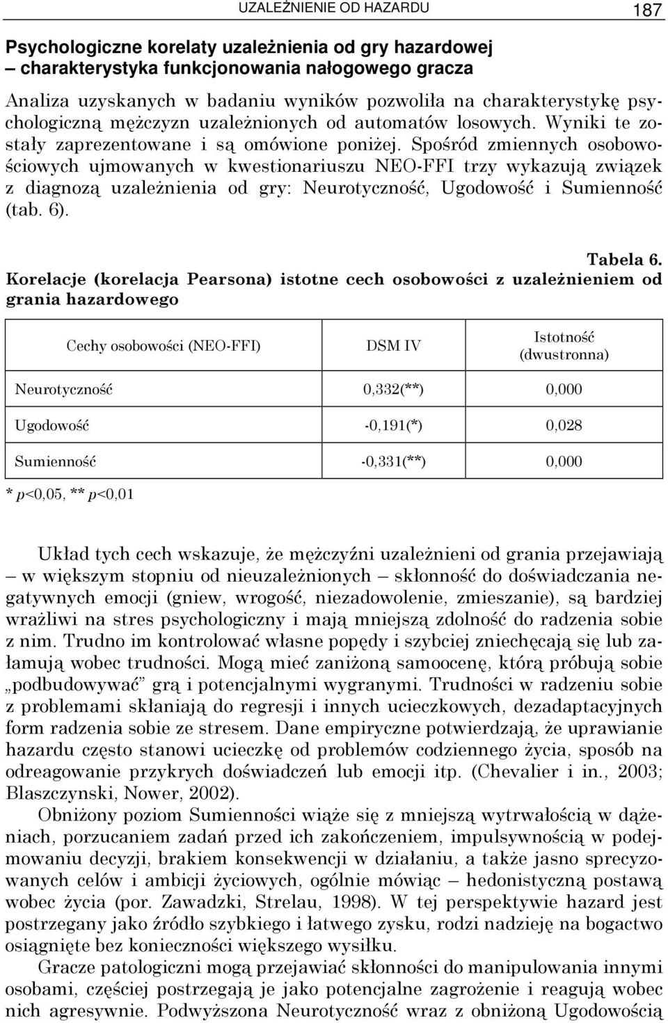 Spośród zmiennych osobowościowych ujmowanych w kwestionariuszu NEO-FFI trzy wykazują związek z diagnozą uzaleŝnienia od gry: Neurotyczność, Ugodowość i Sumienność (tab. 6). Tabela 6.