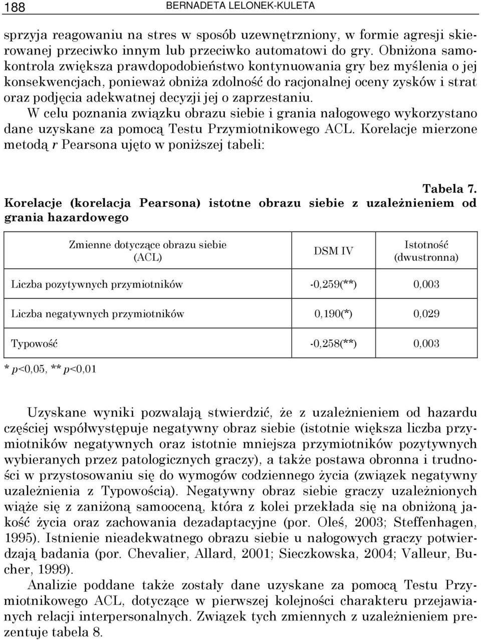 jej o zaprzestaniu. W celu poznania związku obrazu siebie i grania nałogowego wykorzystano dane uzyskane za pomocą Testu Przymiotnikowego ACL.