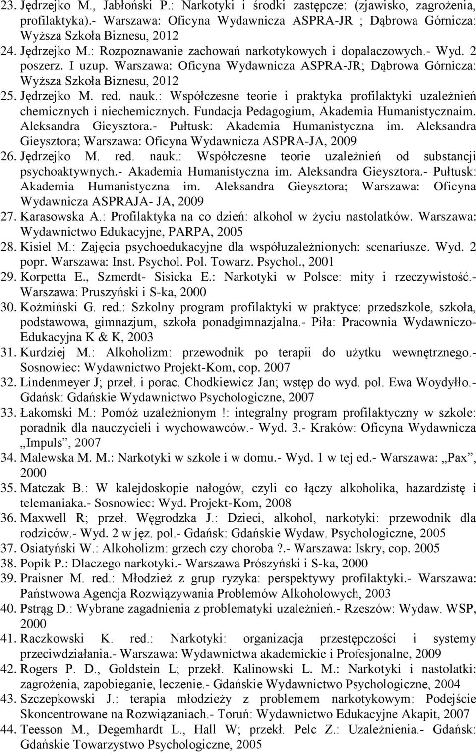 nauk.: Współczesne teorie i praktyka profilaktyki uzależnień chemicznych i niechemicznych. Fundacja Pedagogium, Akademia Humanistycznaim. Aleksandra Gieysztora.- Pułtusk: Akademia Humanistyczna im.