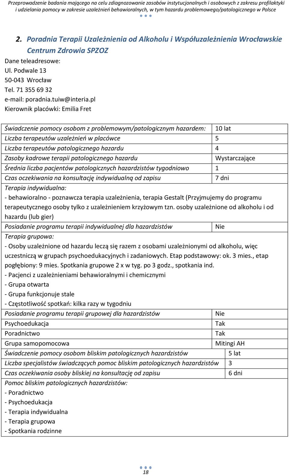 kadrowe terapii patologicznego hazardu Średnia liczba pacjentów patologicznych hazardzistów tygodniowo 1 Czas oczekiwania na konsultację indywidualną od zapisu Wystarczające 7 dni : - behawioralno -