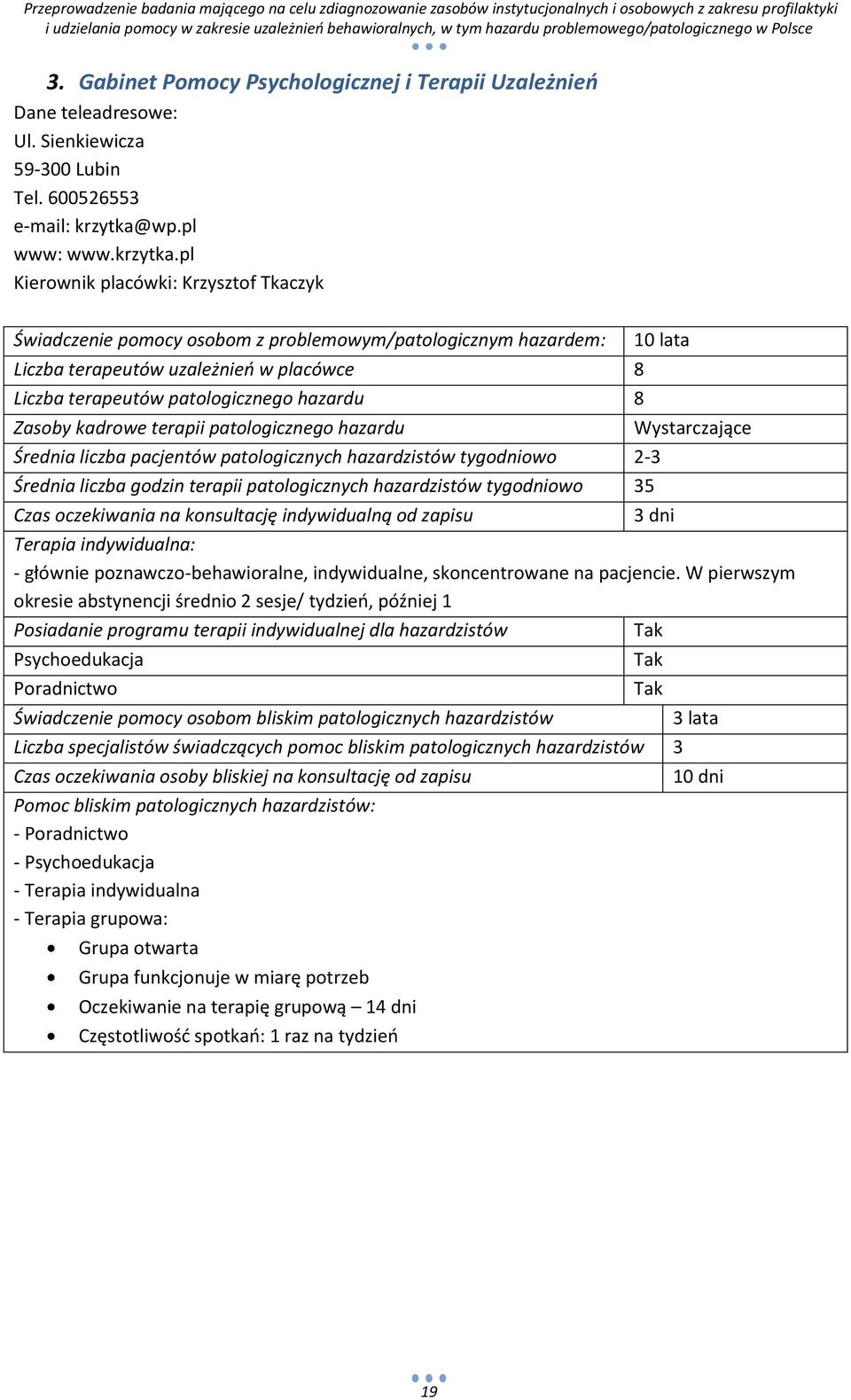 pl Kierownik placówki: Krzysztof Tkaczyk Świadczenie pomocy osobom z problemowym/patologicznym hazardem: Liczba terapeutów uzależnieo w placówce 8 Liczba terapeutów patologicznego hazardu 8 Zasoby