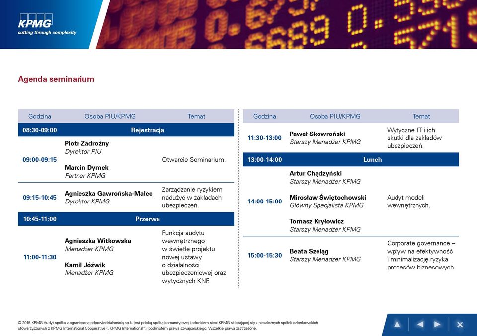 11:30-13:00 Paweł Skowroński Starszy Menadżer KPMG 13:00-14:00 Lunch 14:00-15:00 Artur Chądzyński Starszy Menadżer KPMG Mirosław Świętochowski Główny Specjalista KPMG Wytyczne IT i ich skutki dla