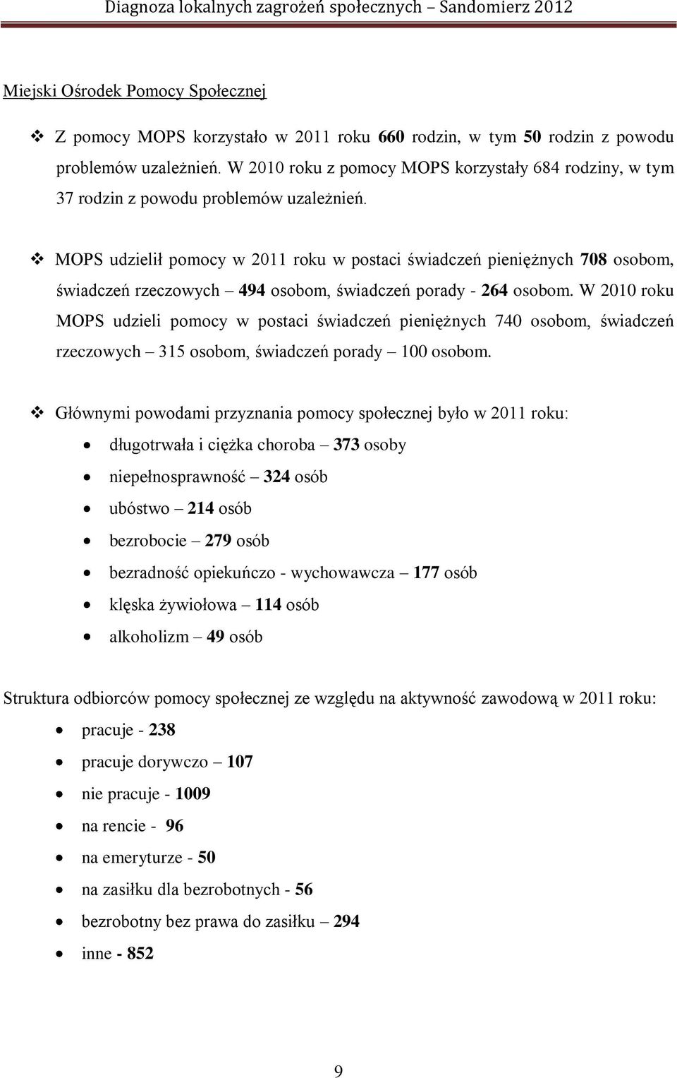 MOPS udzielił pomocy w 2011 roku w postaci świadczeń pieniężnych 708 osobom, świadczeń rzeczowych 494 osobom, świadczeń porady 264 osobom.