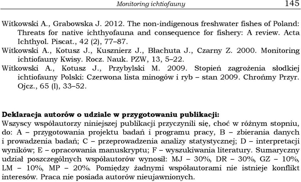 Stopień zagrożenia słodkiej ichtiofauny Polski: Czerwona lista minogów i ryb stan 2009. Chrońmy Przyr. Ojcz., 65 (I), 33 52.