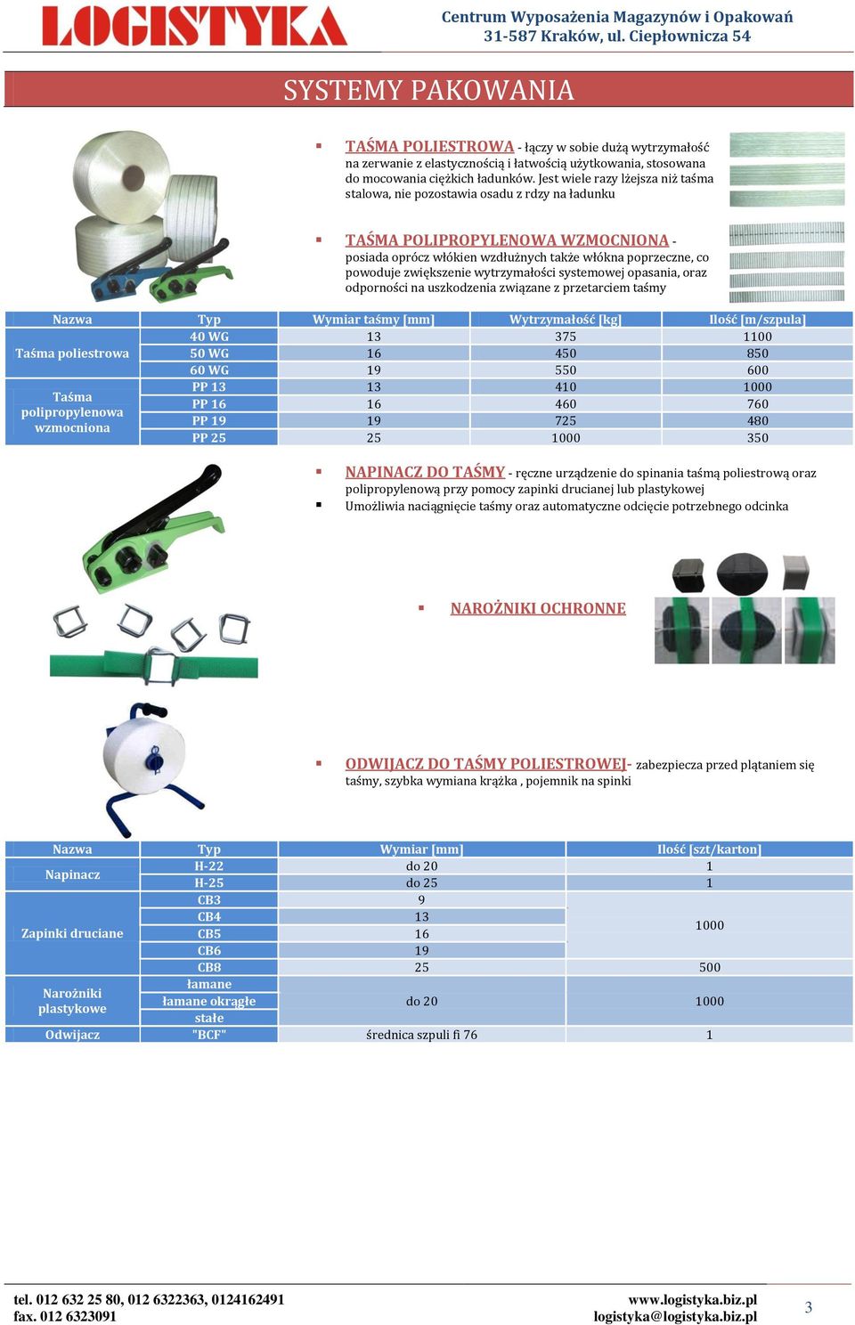wytrzymałości systemowej opasania, oraz odporności na uszkodzenia związane z przetarciem taśmy Nazwa Typ Wymiar taśmy [mm] Wytrzymałość [kg] Ilość [m/szpula] 40 WG 13 375 1100 Taśma poliestrowa 50 WG