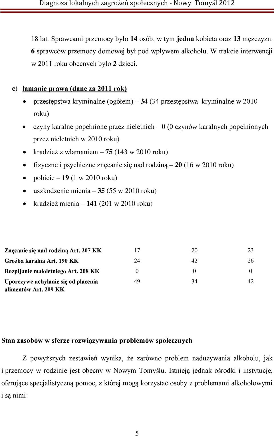 nieletnich w 2010 roku) kradzież z włamaniem 75 (143 w 2010 roku) fizyczne i psychiczne znęcanie się nad rodziną 20 (16 w 2010 roku) pobicie 19 (1 w 2010 roku) uszkodzenie mienia 35 (55 w 2010 roku)