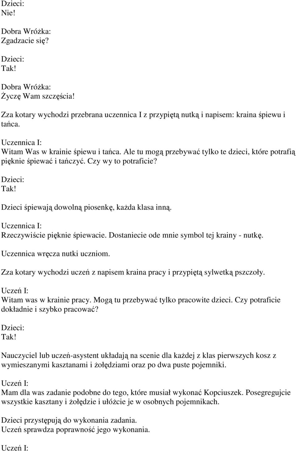 Dostaniecie ode mnie symbol tej krainy - nutkę. Uczennica wręcza nutki uczniom. Zza kotary wychodzi uczeń z napisem kraina pracy i przypiętą sylwetką pszczoły. Witam was w krainie pracy.