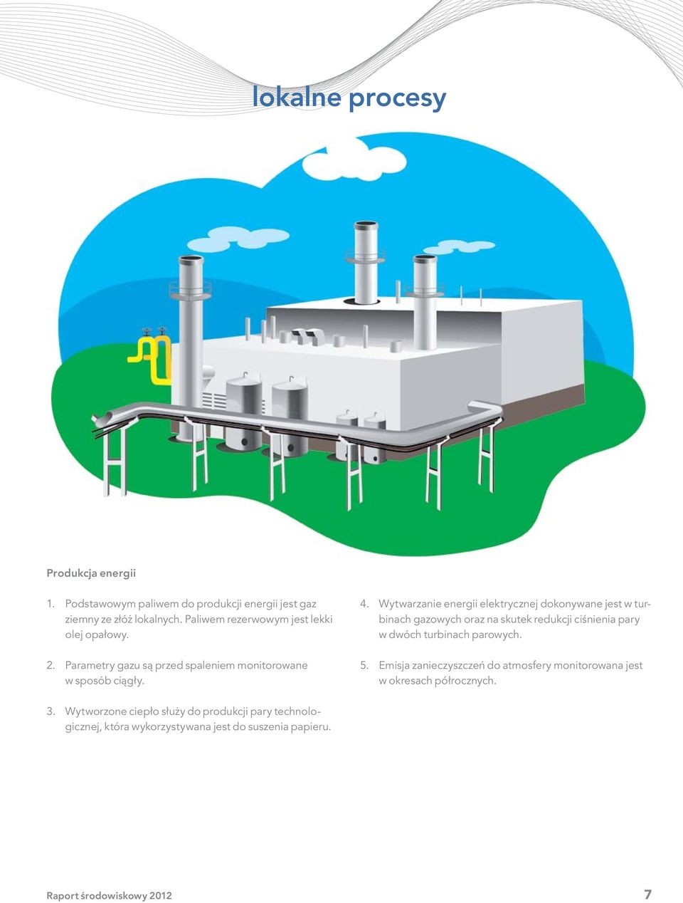 Wytwarzanie energii elektrycznej dokonywane jest w turbinach gazowych oraz na skutek redukcji ciśnienia pary w dwóch turbinach parowych. 5.