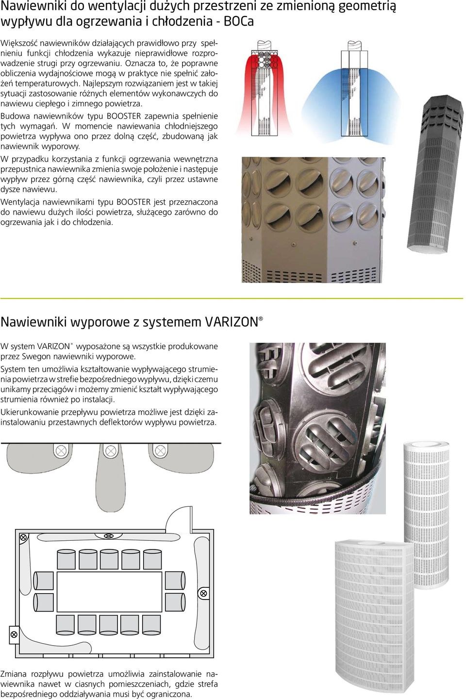 Najlepszym rozwiązaniem jest w takiej sytuacji zastosowanie różnych elementów wykonawczych do nawiewu ciepłego i zimnego powietrza. Budowa nawiewników typu BOOSTER zapewnia spełnienie tych wymagań.