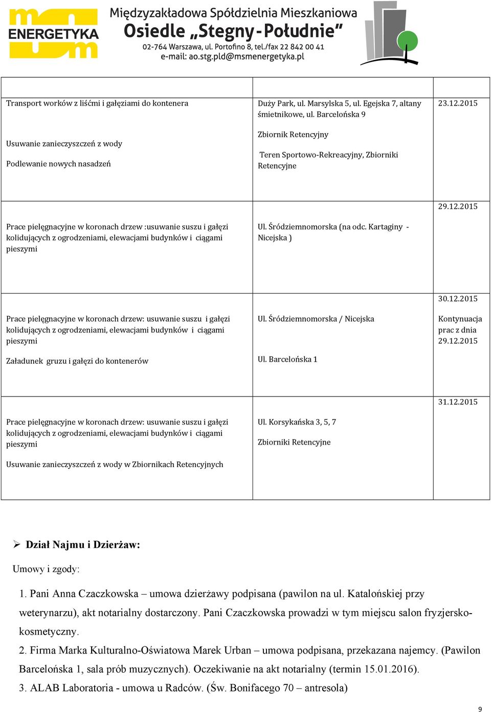 2015 Prace pielęgnacyjne w koronach drzew :usuwanie suszu i gałęzi kolidujących z ogrodzeniami, elewacjami budynków i ciągami pieszymi Ul. Śródziemnomorska (na odc. Kartaginy Nicejska ) 29.12.