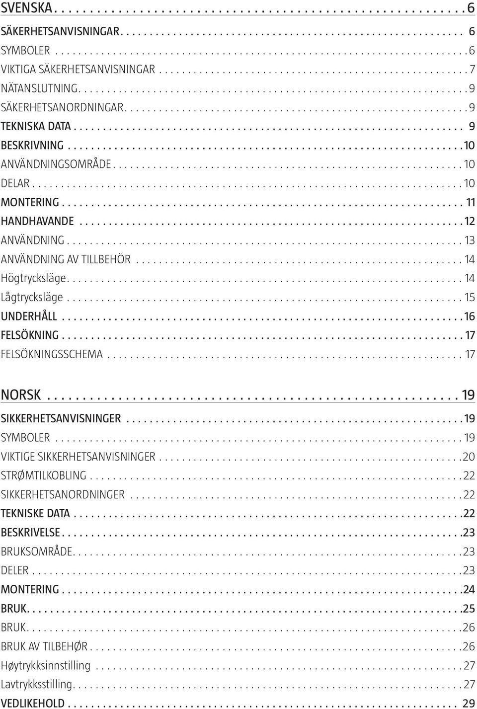 FELSÖKNING 17 FELSÖKNINGSSCHEMA 17 NORSK 19 SIKKERHETSANVISNINGER 19 SYMBOLER 19 VIKTIGE SIKKERHETSANVISNINGER 20 STRØMTILKOBLING 22