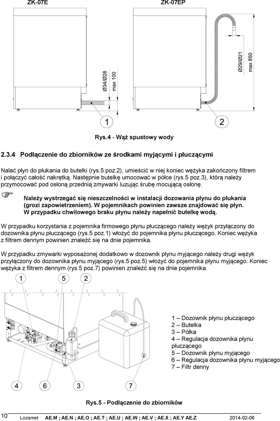 3), którą należy przymocować pod osłoną przednią zmywarki luzując śrubę mocującą osłonę. Należy wystrzegać się nieszczelności w instalacji dozowania płynu do płukania (grozi zapowietrzeniem).