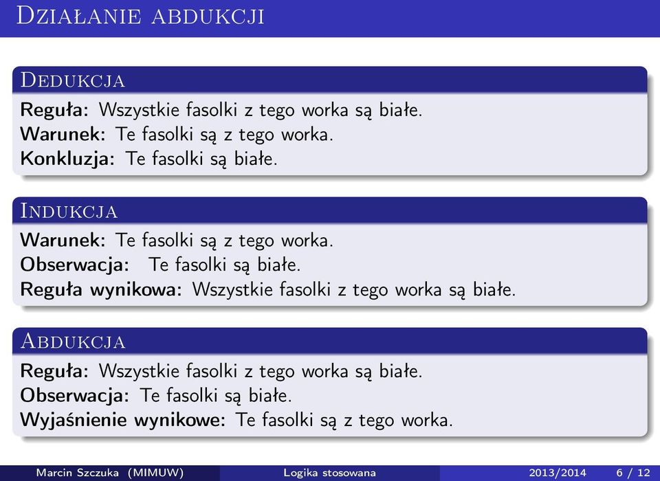Reguła wynikowa: Wszystkie fasolki z tego worka są białe. Abdukcja Reguła: Wszystkie fasolki z tego worka są białe.