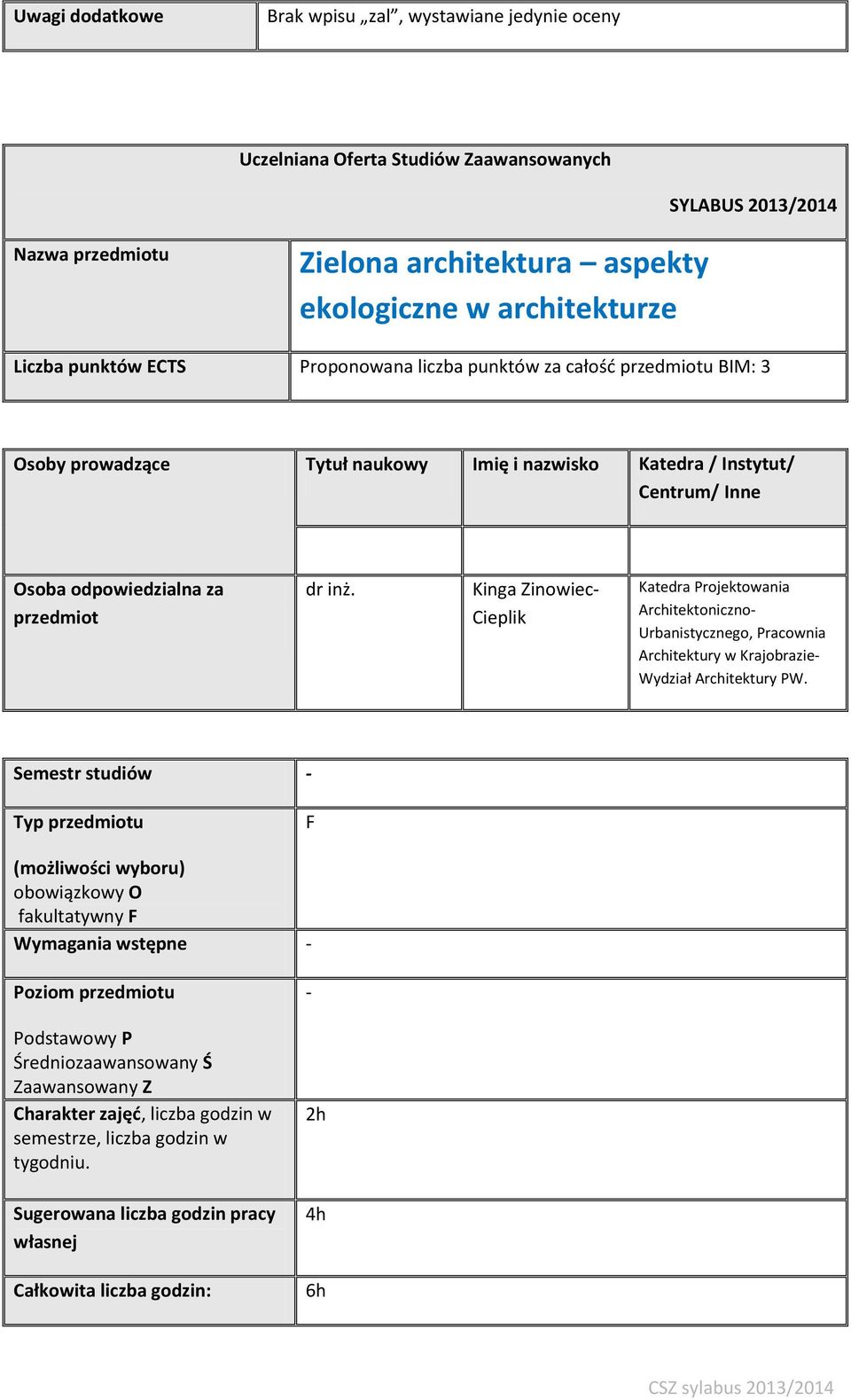 Kinga Zinowiec- Cieplik Katedra Projektowania Architektoniczno- Urbanistycznego, Pracownia Architektury w Krajobrazie- Wydział Architektury PW.