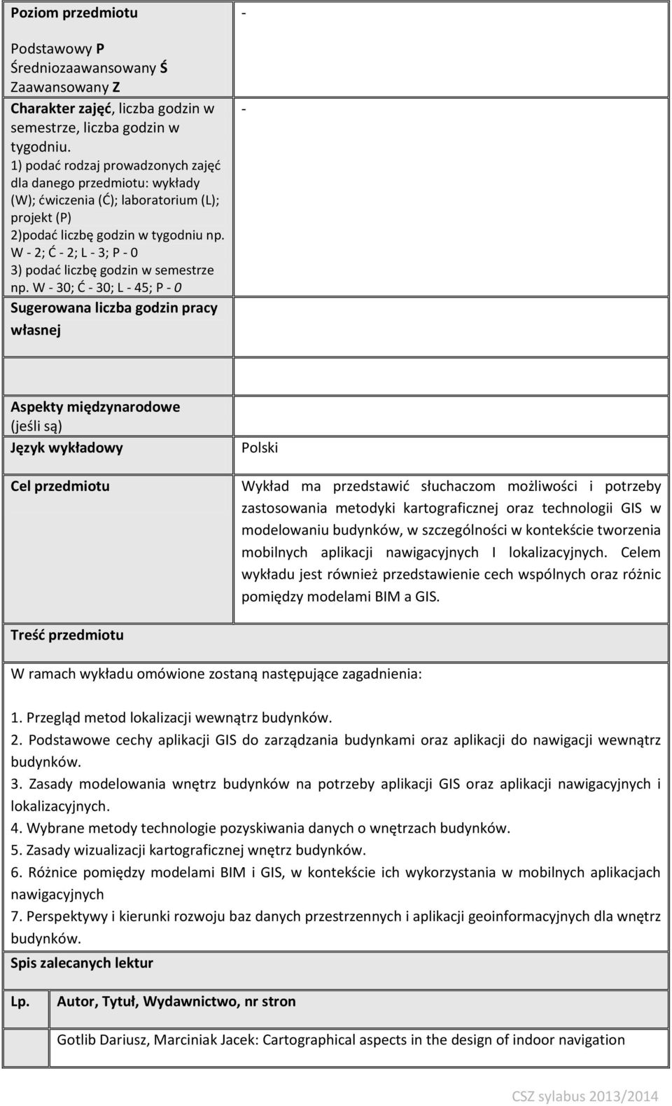 W - 2; Ć - 2; L - 3; P - 0 3) podać liczbę godzin w semestrze np.