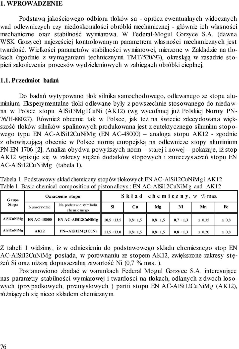 Wielkości parametrów stabilności wymiarowej, mierzone w Zakładzie na tłokach (zgodnie z wymaganiami technicznymi TMT/50/93), określają w zasadzie st o- pień zakończenia procesów wydzieleniowych w