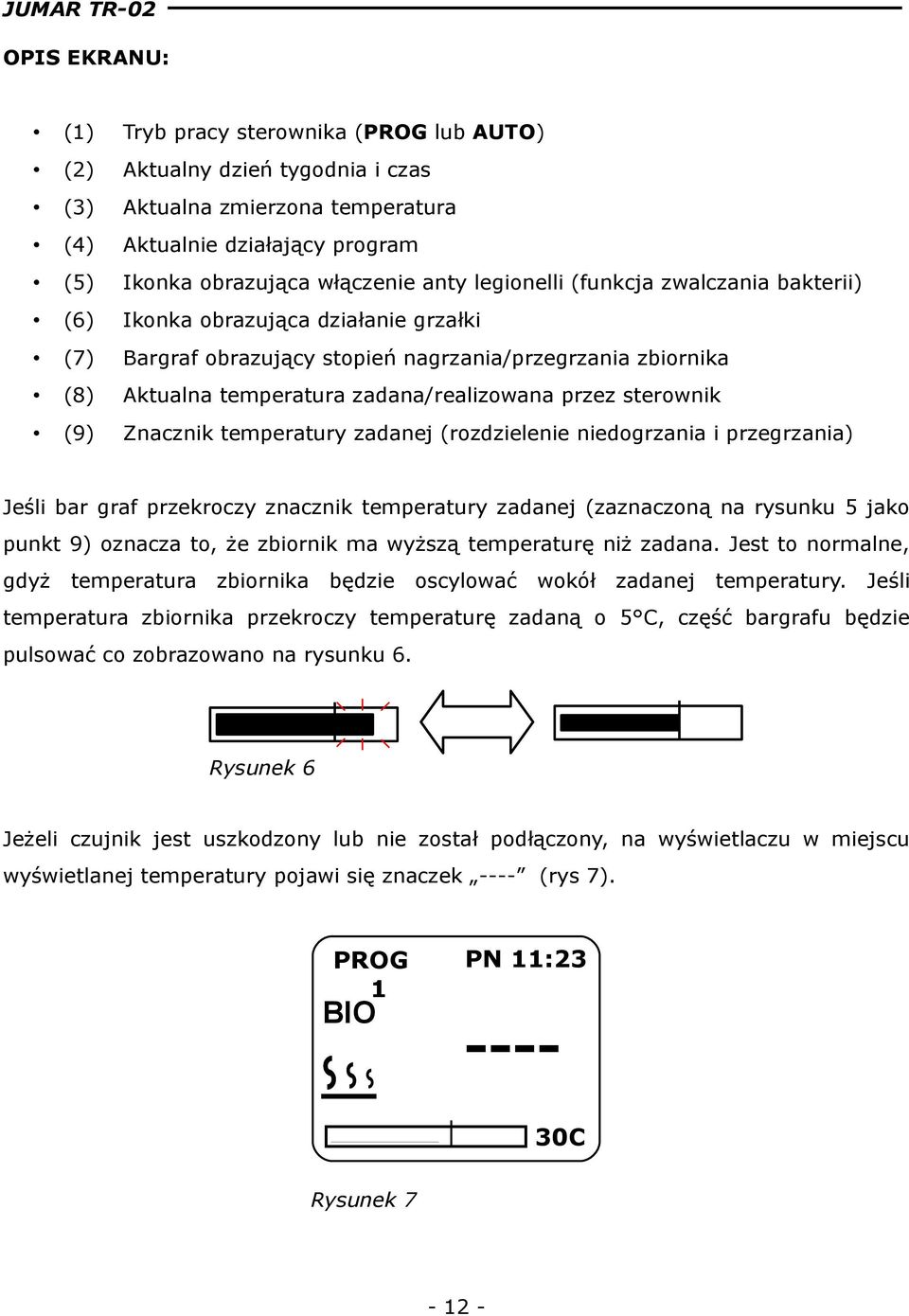 sterownik (9) Znacznik temperatury zadanej (rozdzielenie niedogrzania i przegrzania) Jeśli bar graf przekroczy znacznik temperatury zadanej (zaznaczoną na rysunku 5 jako punkt 9) oznacza to, że