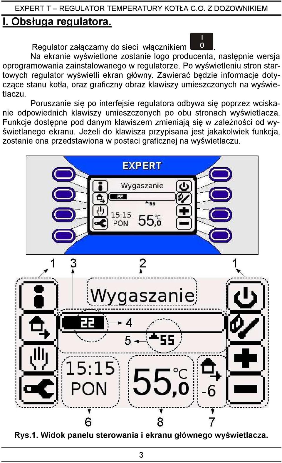 Poruszanie się po interfejsie regulatora odbywa się poprzez wciskanie odpowiednich klawiszy umieszczonych po obu stronach wyświetlacza.