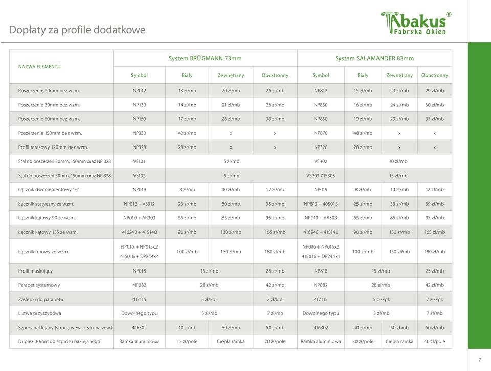 NP150 17 zł/mb 26 zł/mb 33 zł/mb NP850 19 zł/mb 29 zł/mb 37 zł/mb Poszerzenie 150mm bez wzm. NP330 42 zł/mb x x NP870 48 zł/mb x x Profil tarasowy 120mm bez wzm.