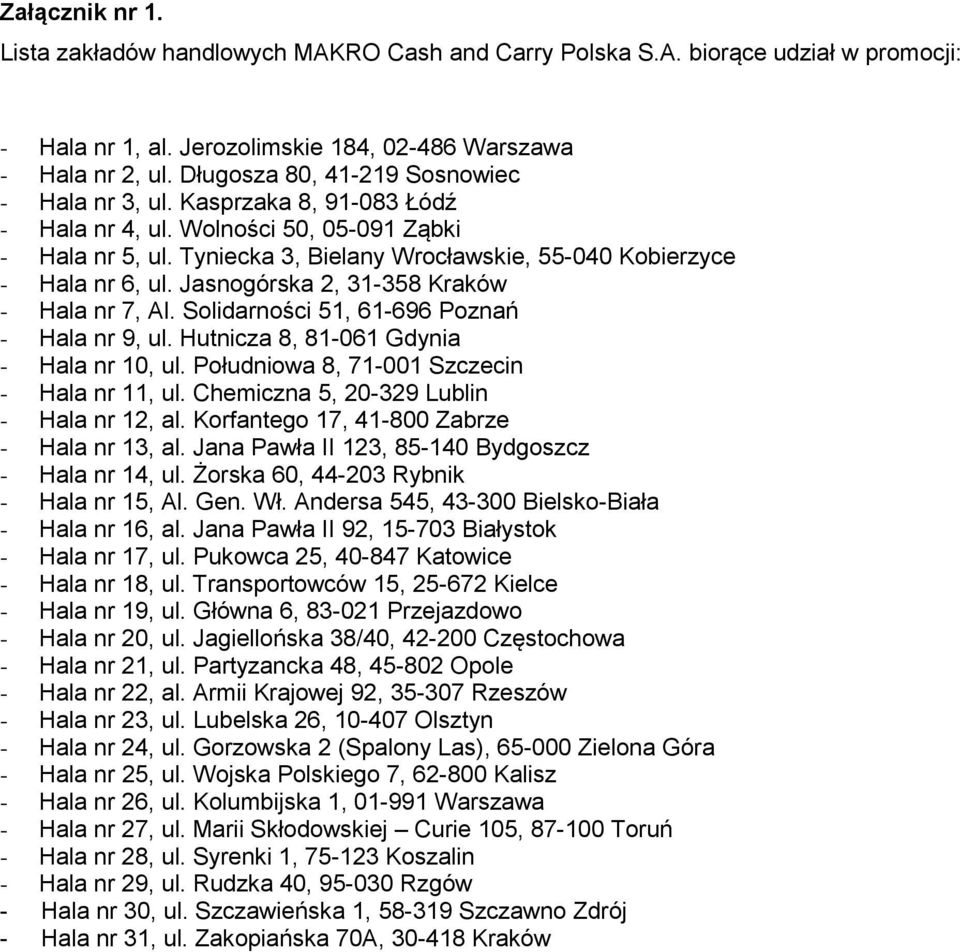 Jasnogórska 2, 31-358 Kraków - Hala nr 7, Al. Solidarności 51, 61-696 Poznań - Hala nr 9, ul. Hutnicza 8, 81-061 Gdynia - Hala nr 10, ul. Południowa 8, 71-001 Szczecin - Hala nr 11, ul.