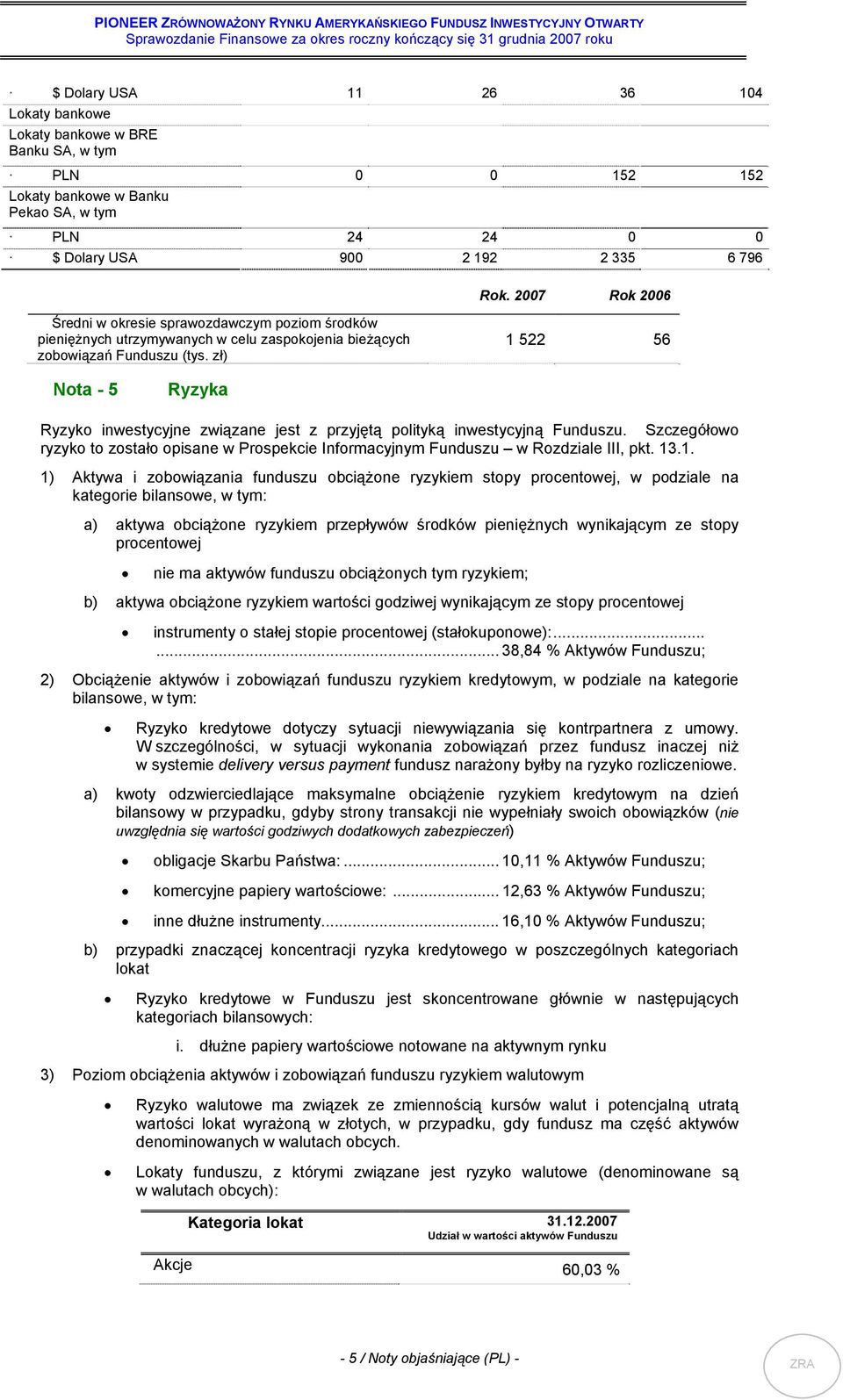 2007 Rok 2006 1 522 56 Nota - 5 Ryzyka Ryzyko inwestycyjne związane jest z przyjętą polityką inwestycyjną Funduszu.