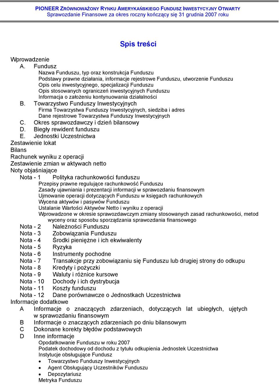 ograniczeń inwestycyjnych Funduszu Informacja o założeniu kontynuowania działalności B.