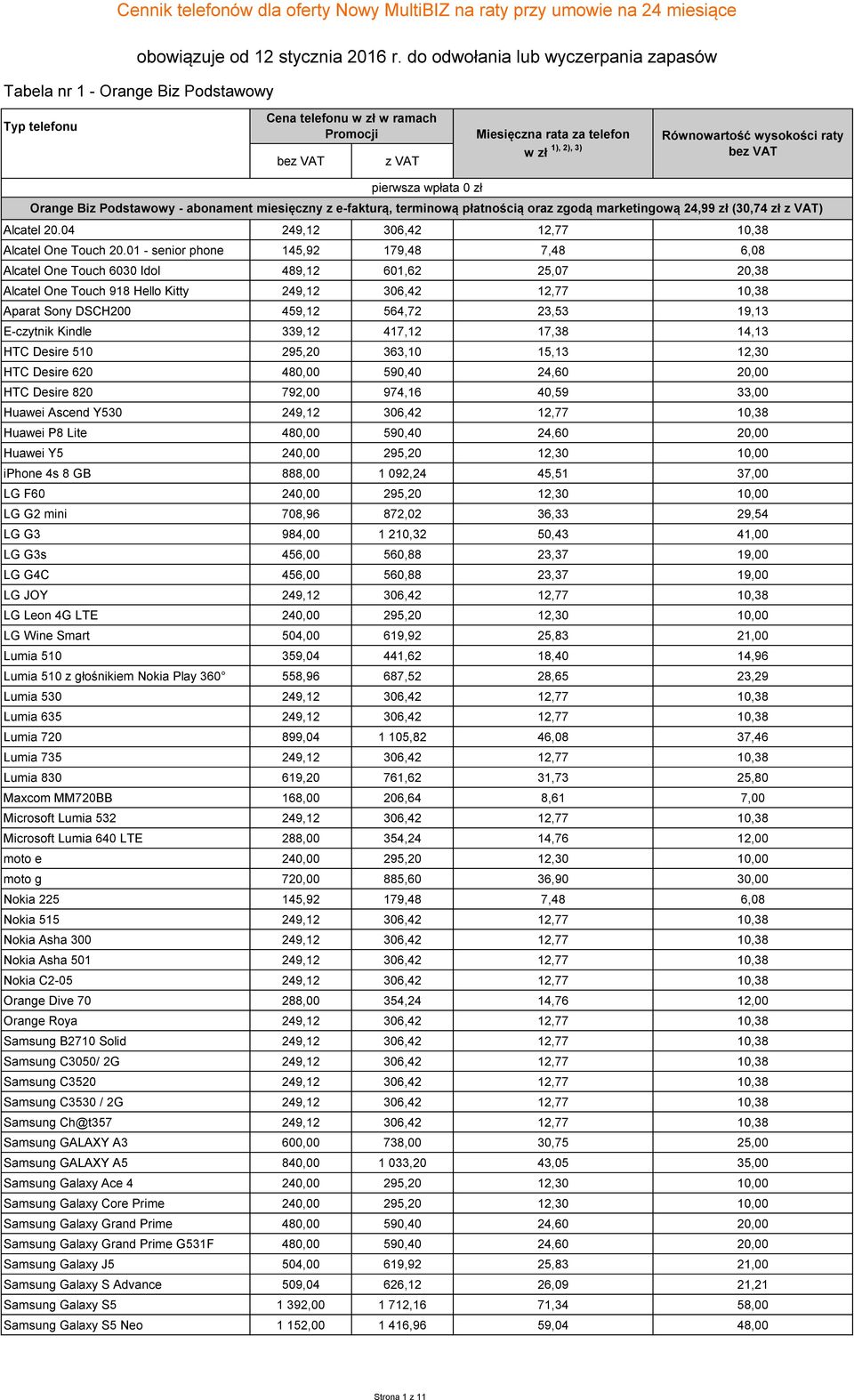 pierwsza wpłata 0 zł Orange Biz Podstawowy - abonament miesięczny z e-fakturą, terminową płatnością oraz zgodą marketingową 24,99 zł (30,74 zł z VAT) Alcatel 20.