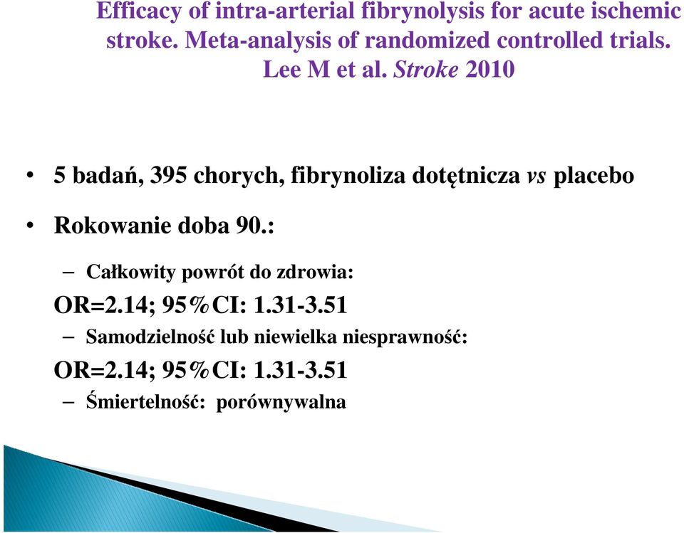 Stroke 2010 5 badań, 395 chorych, fibrynoliza dotętnicza vs placebo Rokowanie doba 90.