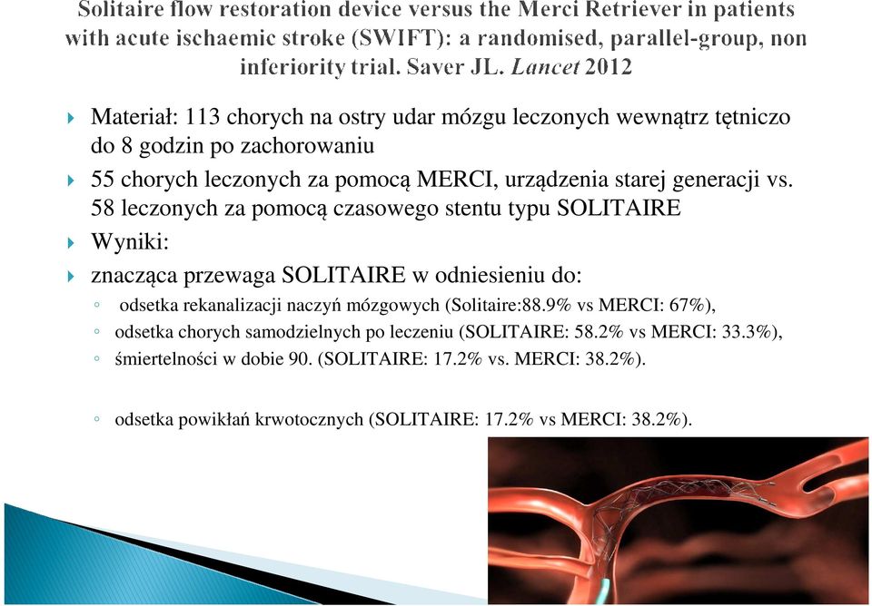 58 leczonych za pomocą czasowego stentu typu SOLITAIRE Wyniki: znacząca przewaga SOLITAIRE w odniesieniu do: odsetka rekanalizacji naczyń