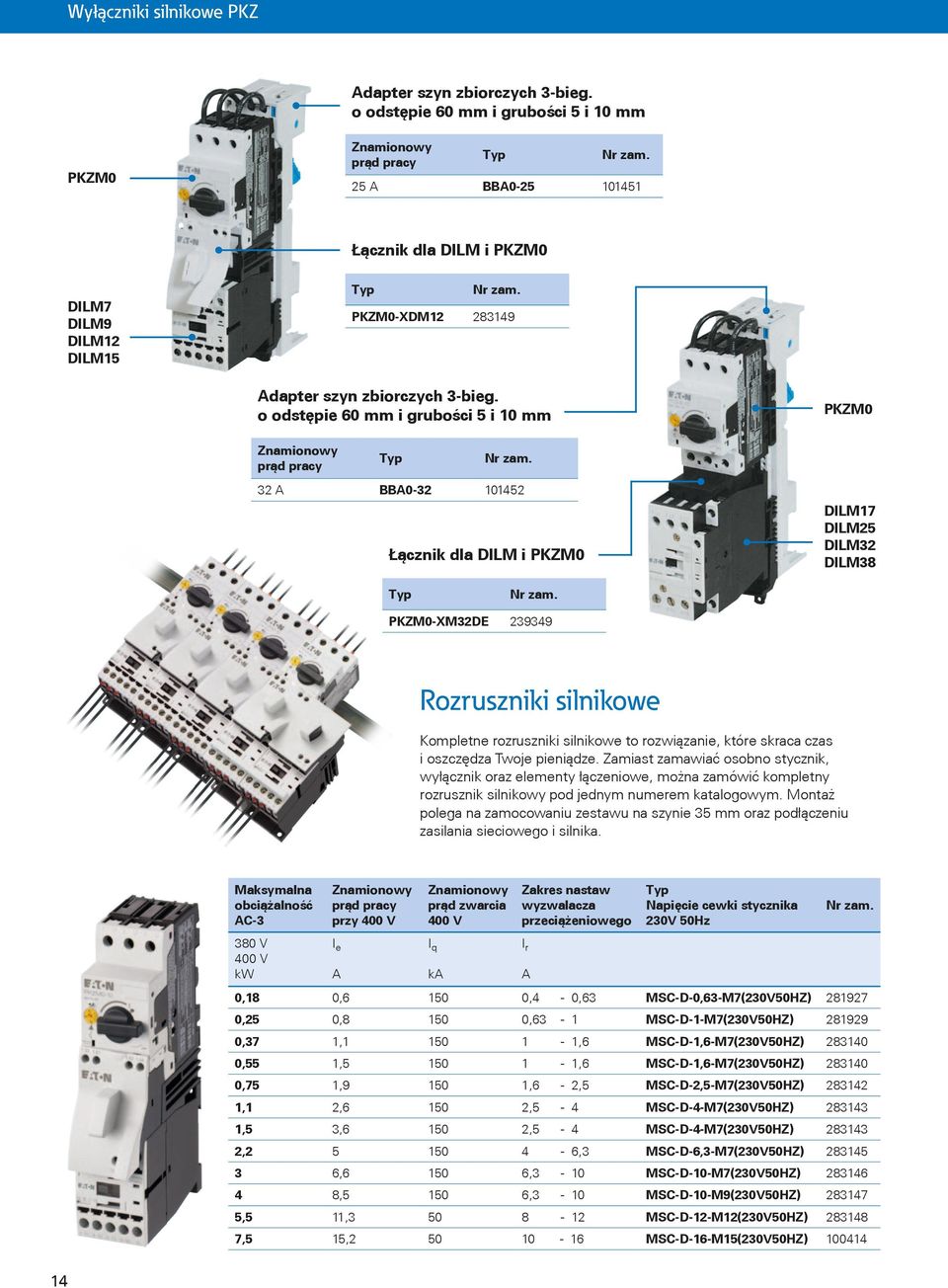 o odstępie 60 mm i grubości 5 i 10 mm PKZM0 Znamionowy prąd pracy 32 A BBA0-32 101452 Łącznik dla DILM i PKZM0 DILM17 DILM25 DILM32 DILM38 PKZM0-XM32DE 239349 Rozruszniki silnikowe Kompletne