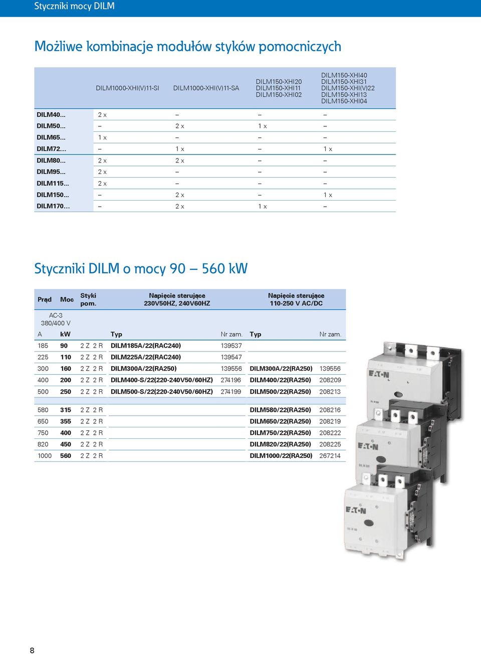 .. 2 x 1 x DILM170 2 x 1 x Styczniki DILM o mocy 90 560 kw Moc Styki pom.