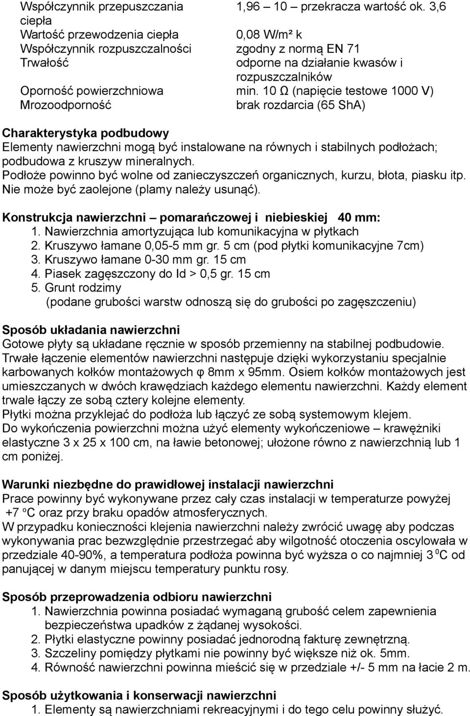 10 Ω (napięcie testowe 1000 V) Mrozoodporność brak rozdarcia (65 ShA) Charakterystyka podbudowy Elementy nawierzchni mogą być instalowane na równych i stabilnych podłożach; podbudowa z kruszyw