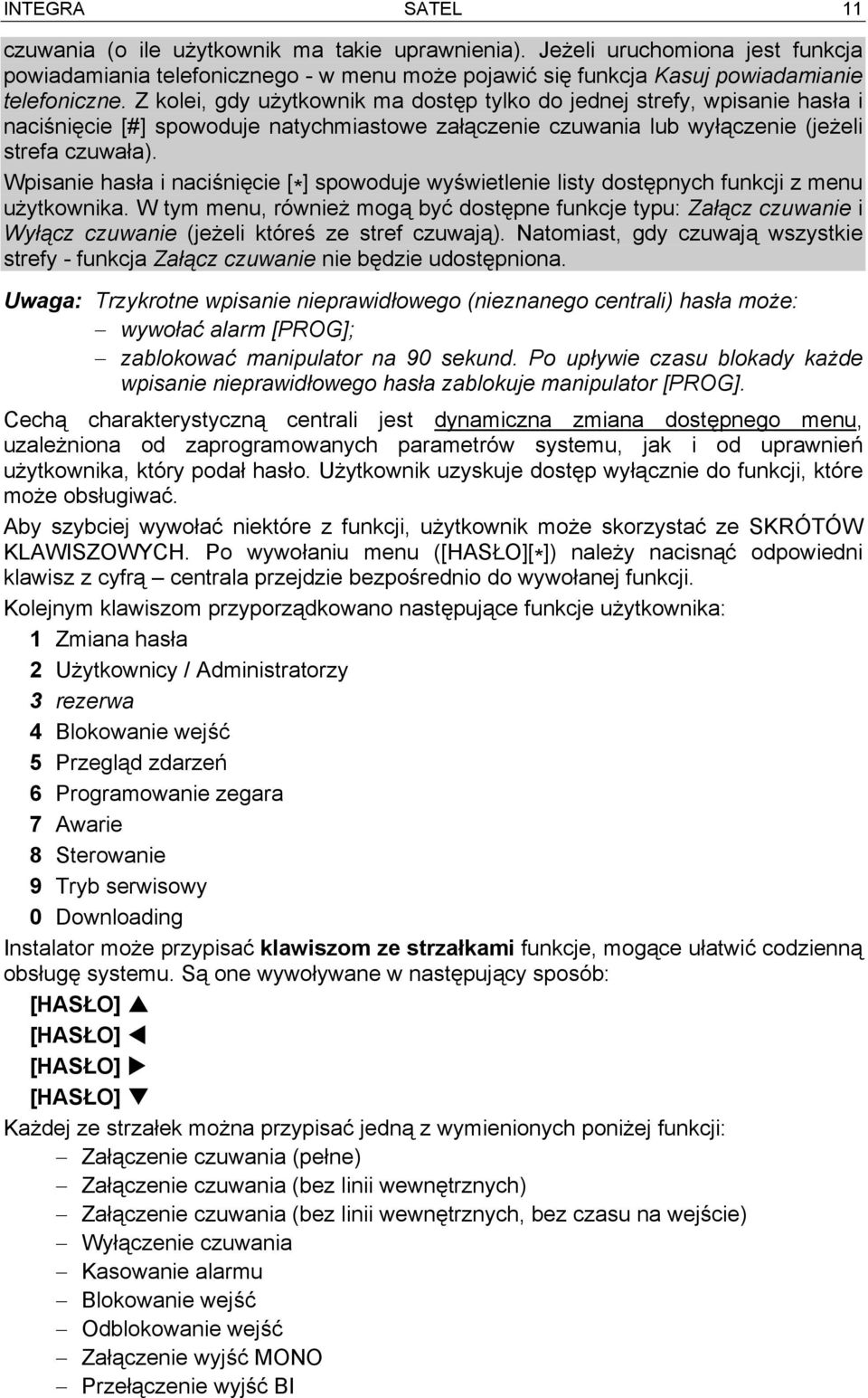 Wpisanie hasła i naciśnięcie [ * ] spowoduje wyświetlenie listy dostępnych funkcji z menu użytkownika.