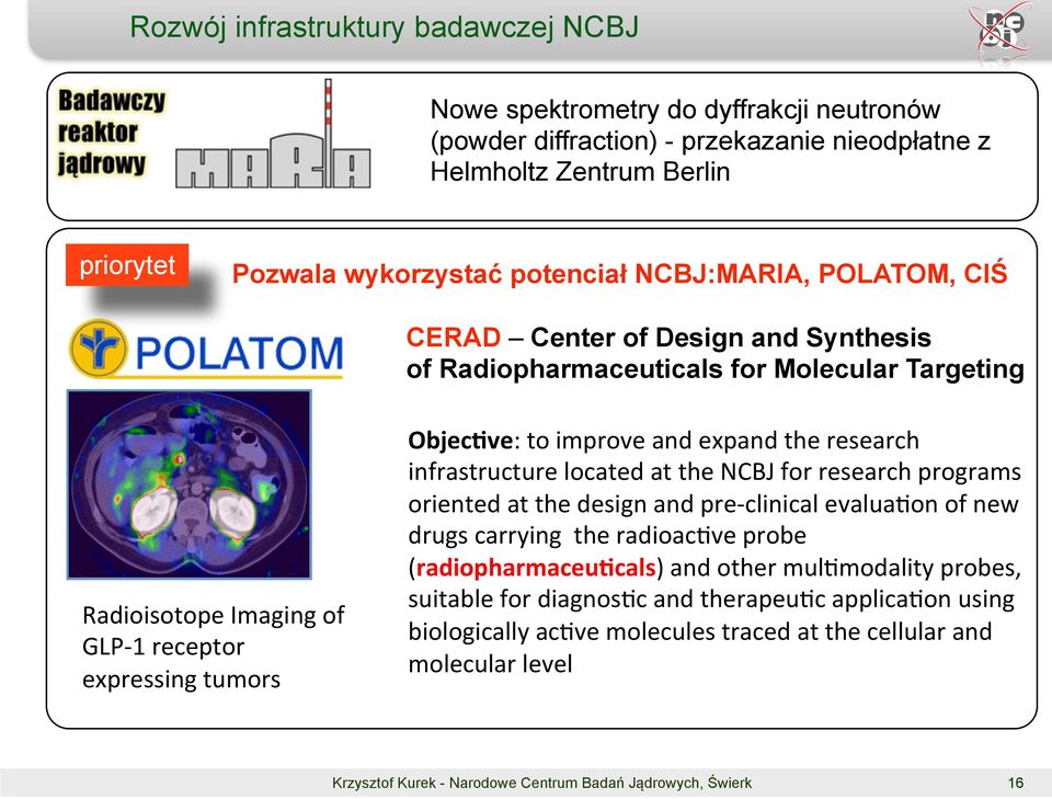 Objec&ve: to improve and expand the research infrastructure located at the NCBJ for research programs oriented at the design and pre-clinical evalua;on of new drugs carrying the