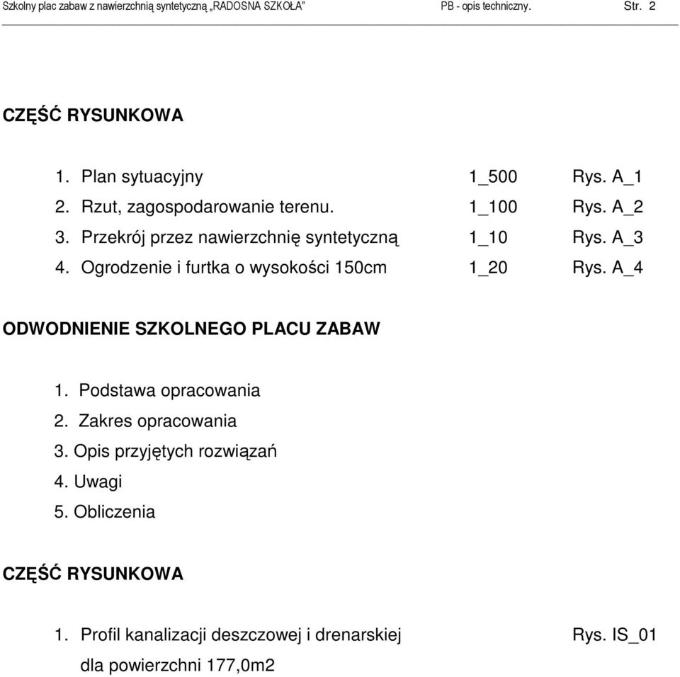 A_3 4. Ogrodzenie i furtka o wysokości 150cm 1_20 Rys. A_4 ODWODNIENIE SZKOLNEGO PLACU ZABAW 1. Podstawa opracowania 2.