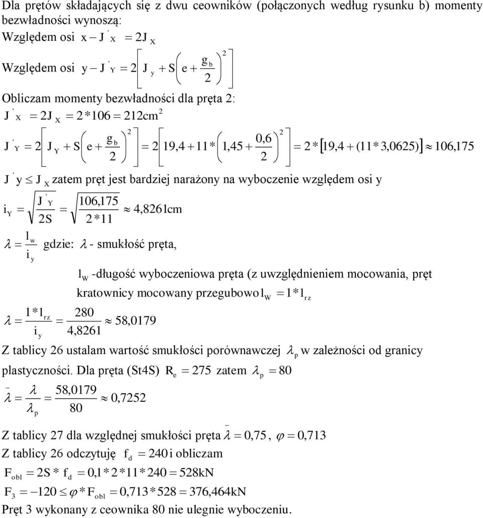 (11*3,065) 106, 175 -długość wyboczeniowa pręa (z uwzględnieniem mocowania, prę kraownicy mocowany przegubowo l 1* l 80,861 58,0179 Z ablicy 6 usalam warość smukłości porównawczej p w zależności od